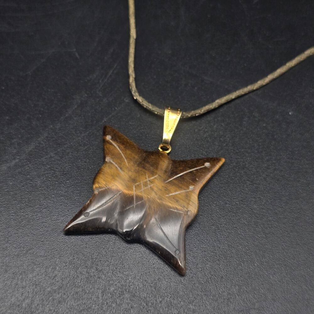 Tiger's Eye Butterfly Pendant Necklace Carved Stone Vintage Costume Jewelry